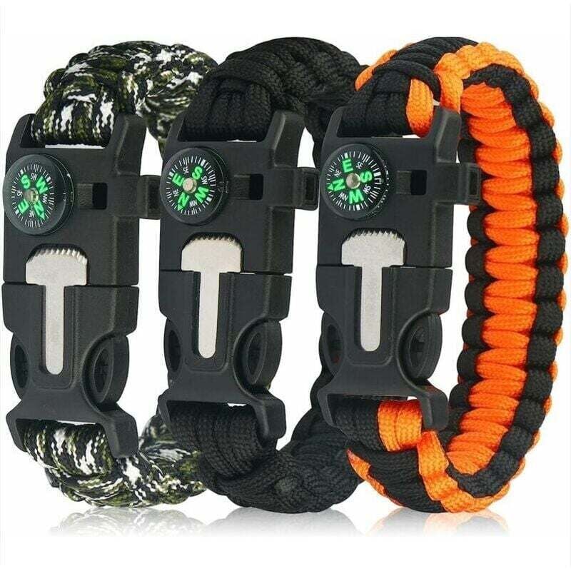 Survival-Armband, Feuerstarter aus Feuerstein und Stahl, Pfeife, Kompass, verstellbare Armbandlänge, geeignet für Camping, Outdoor-Survival,