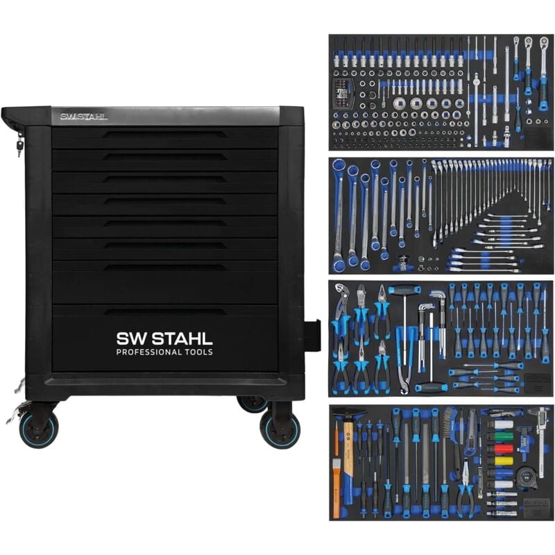 SW-Stahl Z3212 Profi Werkstattwagen TT802 schwarz I 8 Schubladen I 4 Schubladen gefüllt I 338 teilig I Werkstatt Rollwagen mit Werkzeug bestückt I
