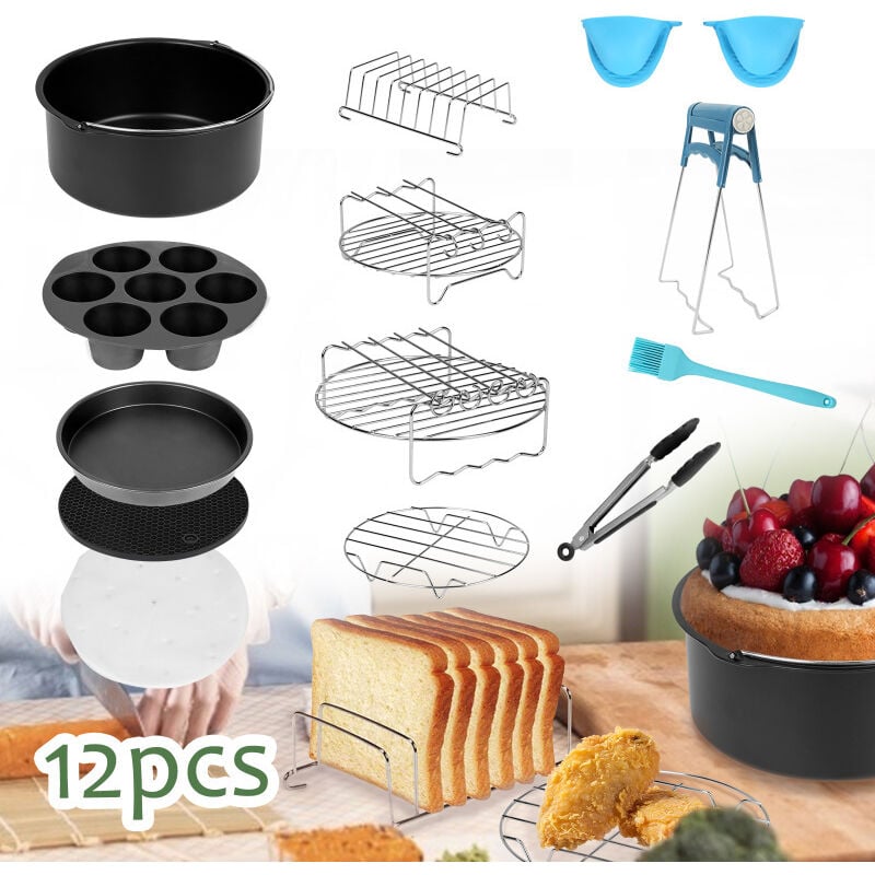 Heißluftfritteuse Zubehör Heißluftfritteuse mit Pizzapfanne Spieß Rack Kuchensilikontopf Schwarz 7-Zoll - Swanew