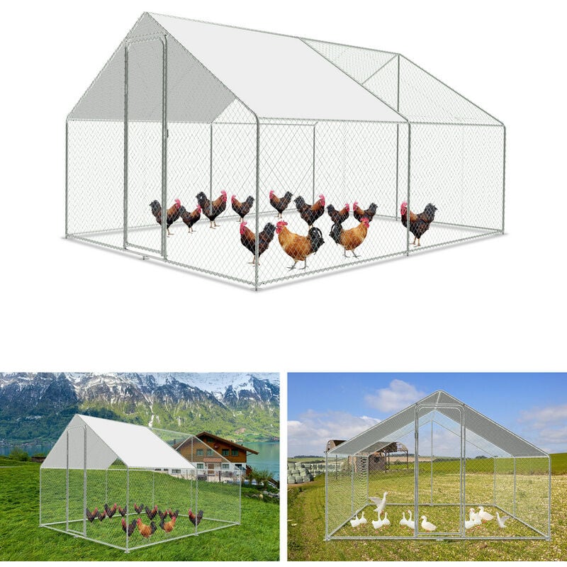 Hühnerstall Hühnerkäfig Außengehege Freilaufgehege Hühnerhaus Dach Freilaufgehege Geflügelstall Verzinkter Hasenkäfig Stahlrahmen 3 x 3 x 2 m - Swanew