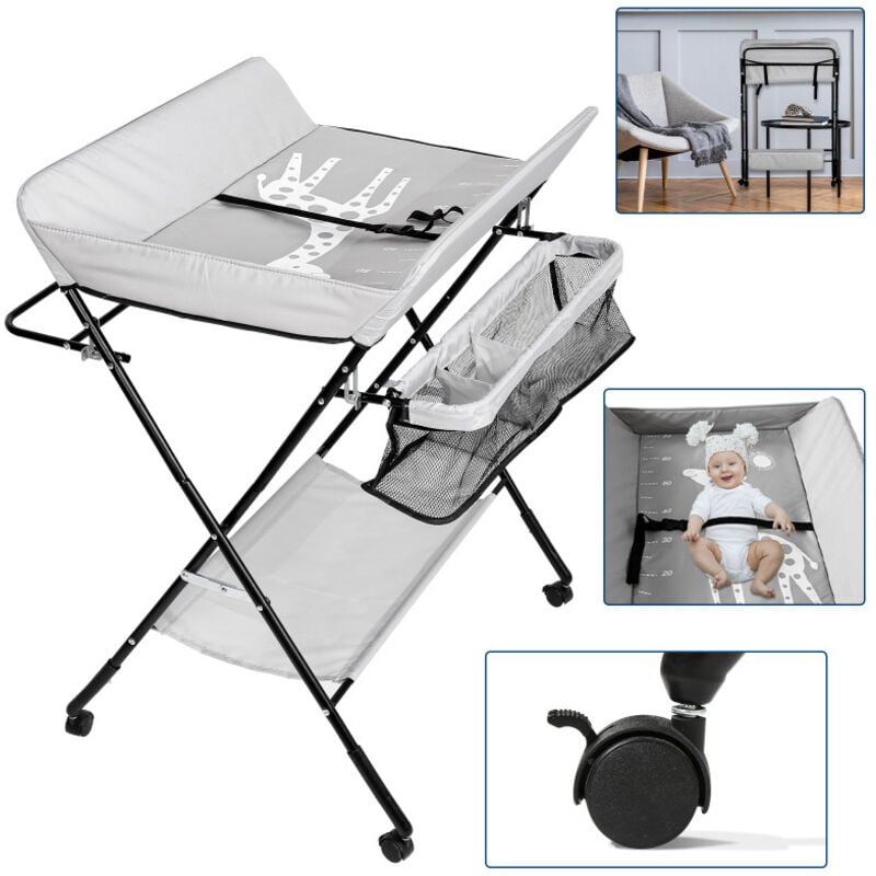 SWANEW Klappbarer Baby Wickeltisch Wickelkommode Wickelregal Wickelkombination Höhenverstellbarer mit Aufbewahrungskorb Grau
