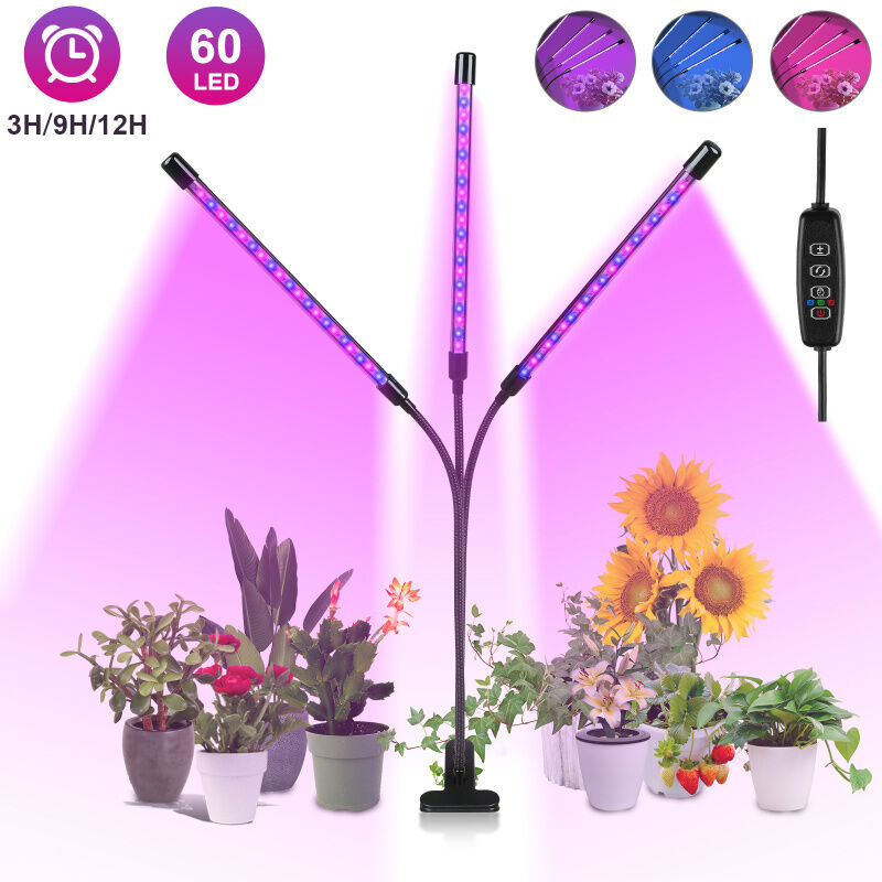 Pflanzenlampe led Vollspektrum Pflanzenlicht 60 LEDs 3 Köpfe Grow Lampe Pflanzenleuchte Wachstumslampe für Pflanzen, 10 Dimmstufen led Grow Light für