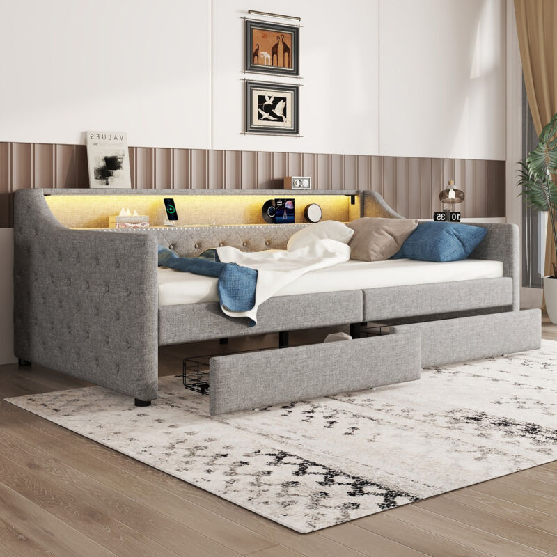 Schlafsofa, 90 x 200 cm, Schlafsofa, Schlafsofa mit Lattenrost (ohne Matratze), Stimmungslicht mit Fernbedienung, Bett mit zwei Schubladen,