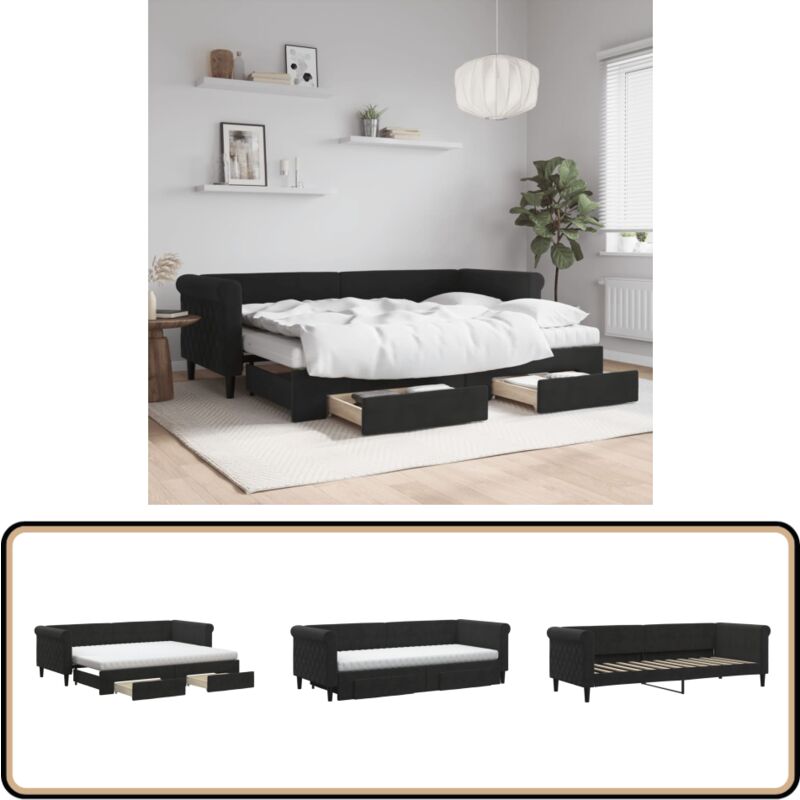 Tagesbett Ausziehbar mit Schubladen Schwarz 80x200 cm Samt - Schlafcouch - Sofa Bett - Gästebett - Tagesbett - Ausziehbares Bett