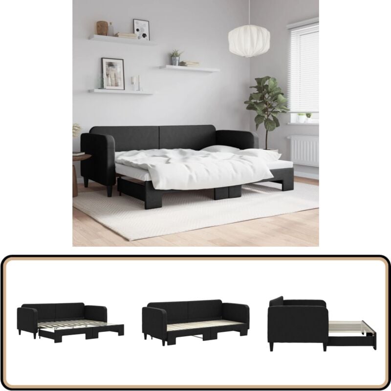 Tagesbett Ausziehbar Schwarz 80x200 cm Stoff - Sofa Bett - Schlafcouch - Gästebett - Ausziehbares Bett - Doppelbett
