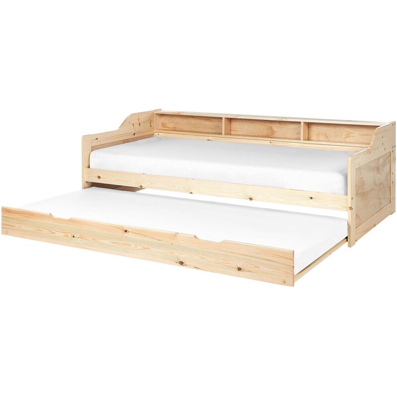 Tagesbett Hellbraun Kiefernholz mit Lattenrost 90 x 200 cm 3 Regale Ausziehbett für 2 Personen Modern Skandi Gästezimmer Kinderzmmer Jugendzimmer