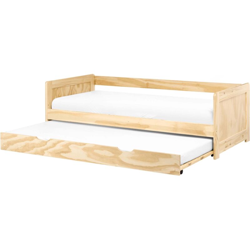 Tagesbett Hellbraun Kiefernholz mit Lattenrost 90 x 200 cm Ausziehbett für 2 Personen Modern Skandi Gästezimmer Kinderzmmer Jugendzimmer