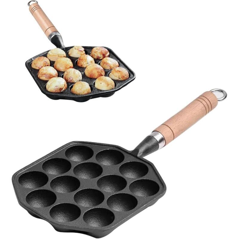 Taiyaki-Pfanne, Takoyaki-Pfanne aus Gusseisen, 14 Mulden, 3,5 cm Antihaft-Grillpfanne für Takoyaki, hervorragende Wärmeleitfähigkeit,