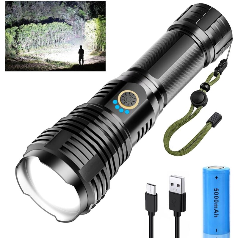 Taschenlampe LED Aufladbar 500000 Lumen, LED Taschenlampe Extrem Hell XHP70.2 Taschenlampen Akku USB, Starke Taschenlampe IPX7 Wasserdicht,