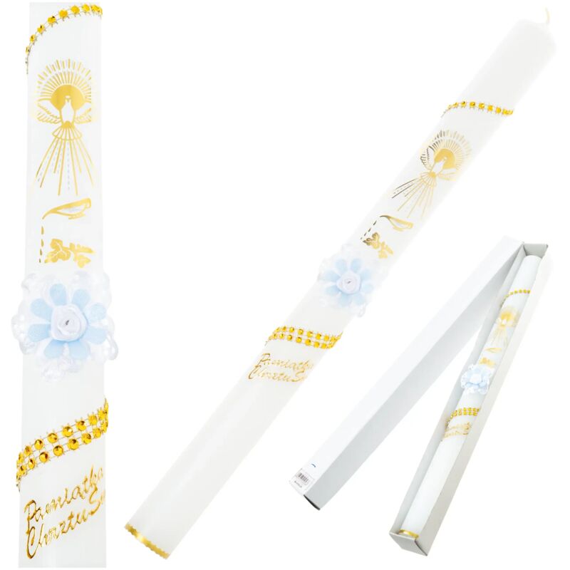 Taufkerze für Jungen, Golddekor, blaue Blume, Schachtel