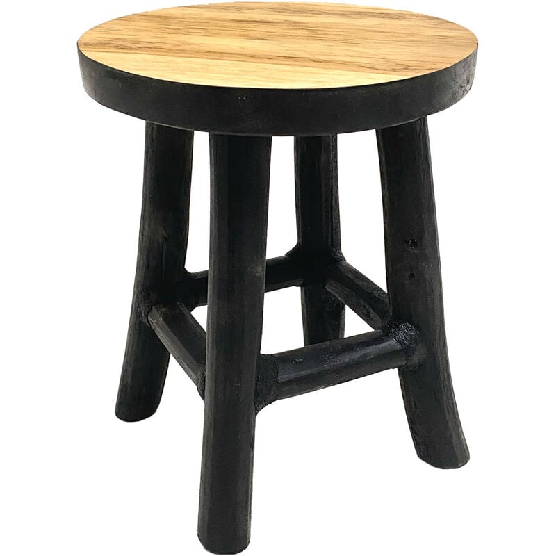 Spetebo - Teak Blumenhocker 17 x 15 cm rund - schwarz / klein - Holz Pflanzen Hocker mit 4 Füßen - Echtholz Deko Massivholz Blumen Pflanzen Ständer
