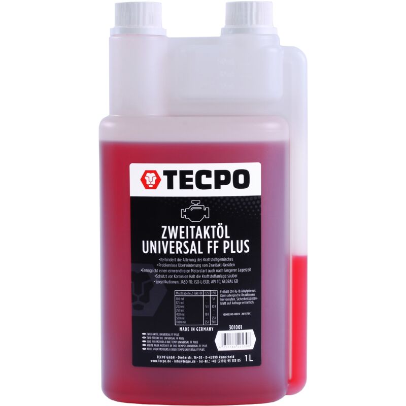 TECPO Zweitaktöl Universal 2-Takt FF Plus 1 Liter, teilsynthetisch, mit Fuel Fresh, für Gemisch & Getrenntschmierung, ideal für Motorsäge,