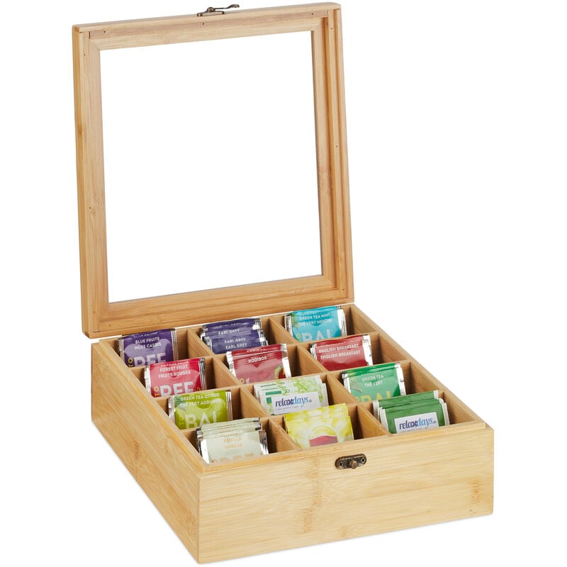 Relaxdays - Teebox, 12 Fächer, Bambus, HxBxT: 9,5 x 26,5 x 28,5 cm, für Tee & Kaffeepads, Teebehälter mit Deckel, natur