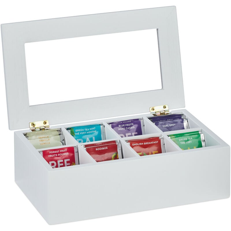 Relaxdays - Teebox, 8 Fächer, Bambus, hbt: 9x28x16 cm, für Tee & Kaffeepads, Teekasten mit Deckel, staubgeschützt, weiß