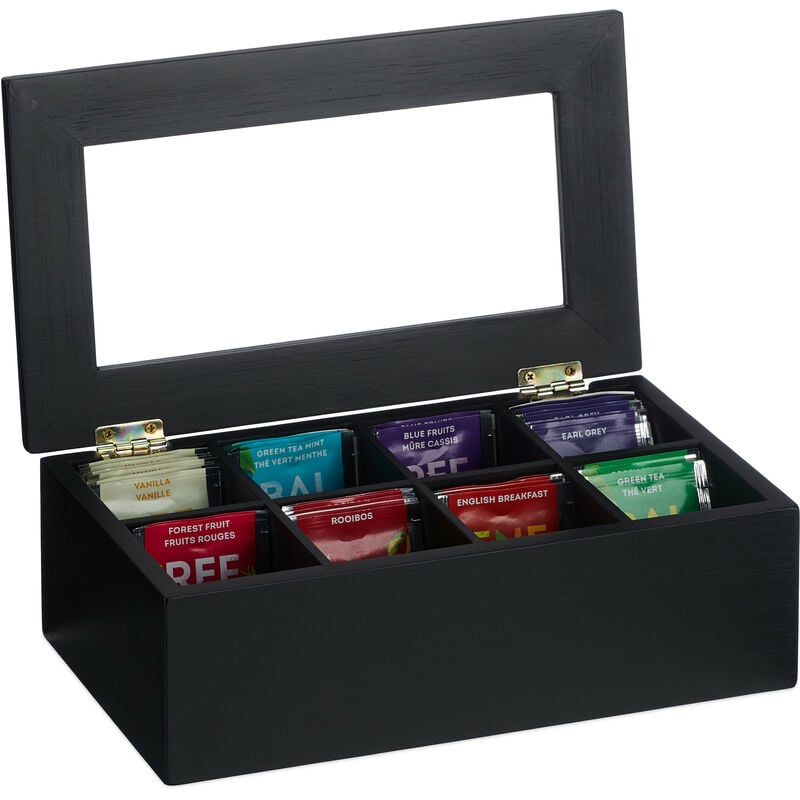 Relaxdays Teebox, 8 Fächer, Bambus, HxBxT: 9x28x16 cm, Tee & Kaffeepads, Teekasten mit Deckel, staubgeschützt, schwarz