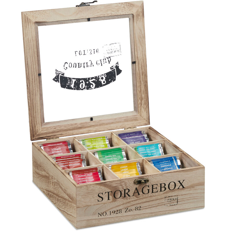 Teebox, 9 Fächer, Holz, Teekiste mit Sichtfenster, Teebeutel, Kaffeepads, Gewürze, hbt: 9 x 24 x 25 cm, natur - Relaxdays