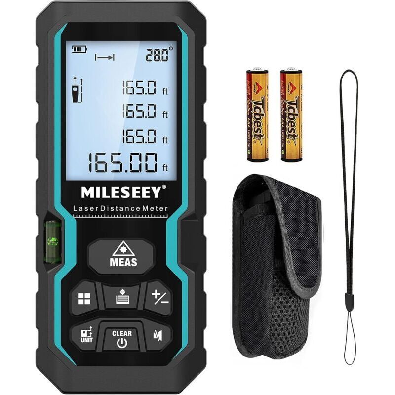 Telemetro laser digitale, misuratore laser 50 m/165 piedi con livella elettronica e retroilluminazione LCD, IP54 m/pollici/piedi/piedi+pollici,