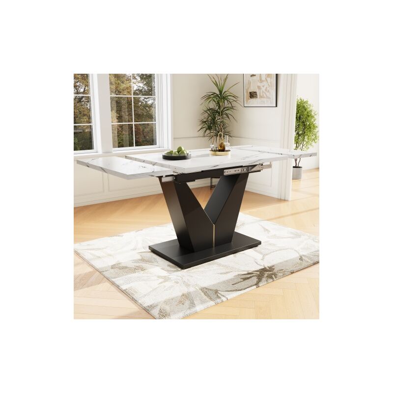 Teleskop-Esstisch, V-förmiger ausziehbarer Esstisch mit weißer Platte, für Home Office und Wohnzimmer, 99-159 × 75 x 75 cm