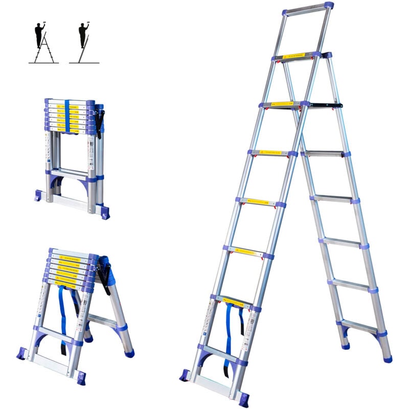 Teleskop-Trittleiter mit 8 Stufen EXTENDACT8, Teleskopleiter 2,3m+2m, faltbare Teleskop-Trittleiter, Max. Arbeitshöhe 3,8m, 5 Jahre Garantie, Hostrom