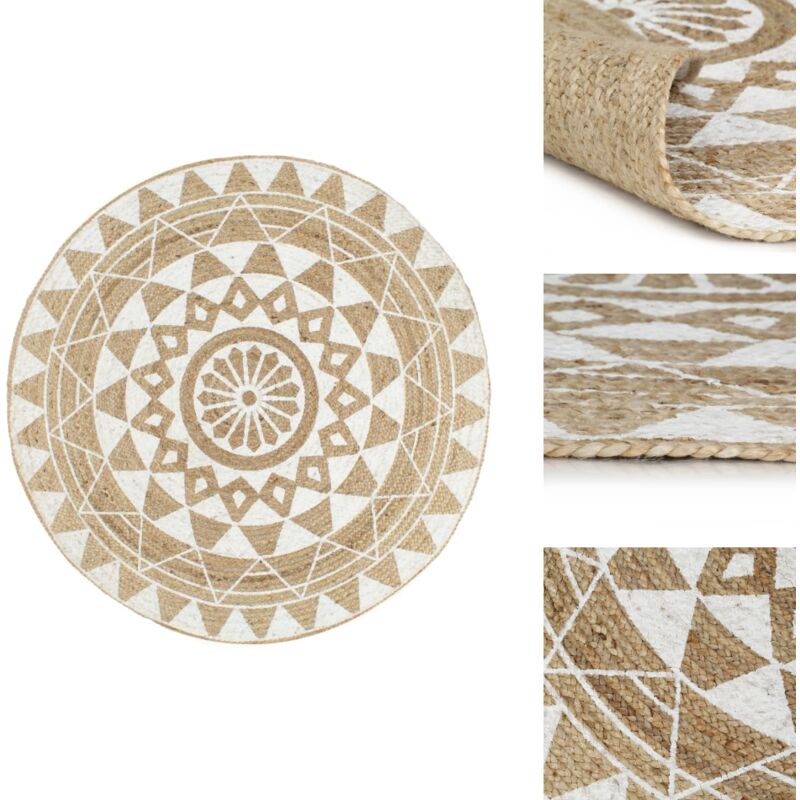 Teppich Handgefertigt Jute Weißer Druck 90 cm - Naturfaser Teppich - Jute Teppich - Gewebter Teppich - Rattan Teppich - Wohnzimmer Teppich