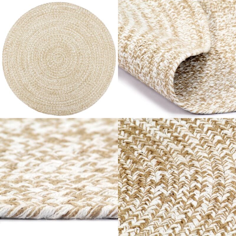 Teppich Handgefertigt Jute Weiß und Braun 180 cm - Naturfaser Teppich - Jute Teppich - Geflochter Teppich - Wohnaccessoire - Boho Stil - Home & Living
