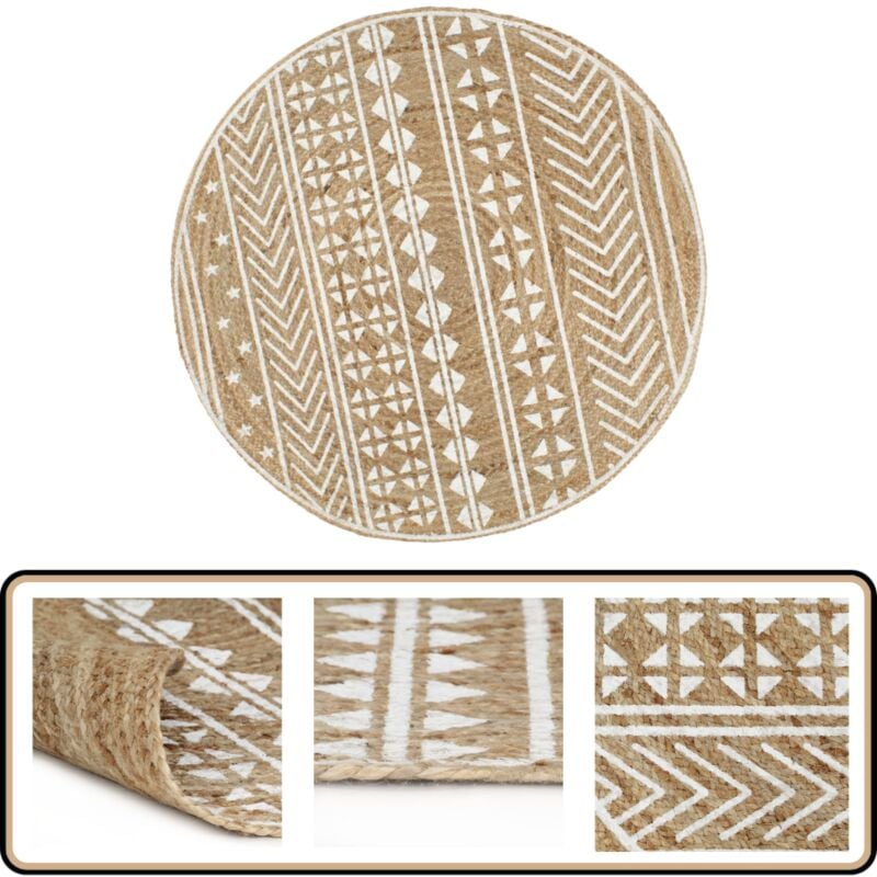 Teppich Handgefertigt Jute Weißer Druck 90 cm - Naturfaser Teppich - Jute Teppich - Geometrischer Teppich - Wohnzimmer Teppich - Schlafzimmerschmuck