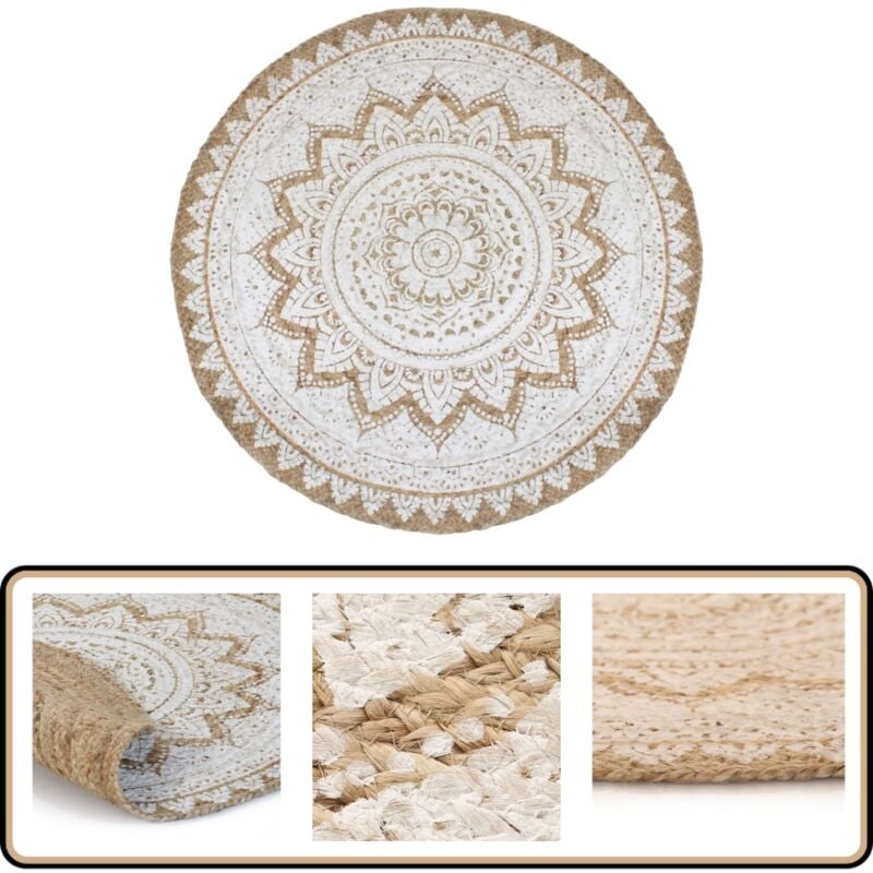 Teppich Jute Geflochten Bedruckt 240 cm Rund - Naturfaser Teppich - Jute Teppich - Runder Teppich - Mandala Teppich - Wohnaccessoire