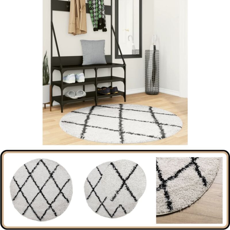 Teppich Shaggy Hochflor Modern Creme und Schwarz ø 120 cm - Shaggy Teppich - Hochflor Teppich - Cremefarbener Teppich - Schwarzer Teppich