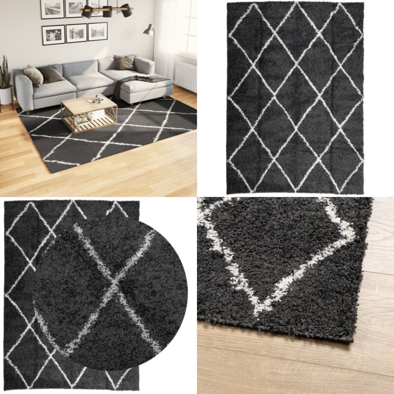 Teppich Shaggy Hochflor Modern Schwarz und Creme 200x280 cm - Shaggy Teppich - Hochflor Teppich - Wohnzimmer Teppich - Schlafzimmers Teppich - Flur