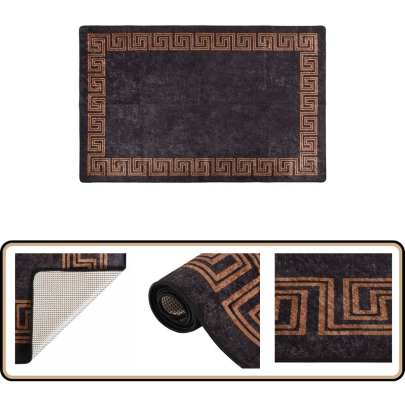 Teppich Waschbar 80x150 cm Schwarz und Golden Rutschfest - Samt Teppich - Wohnzimmer Teppich - Flur Teppich - Schlafzimmer Teppich - Schwarz Gold