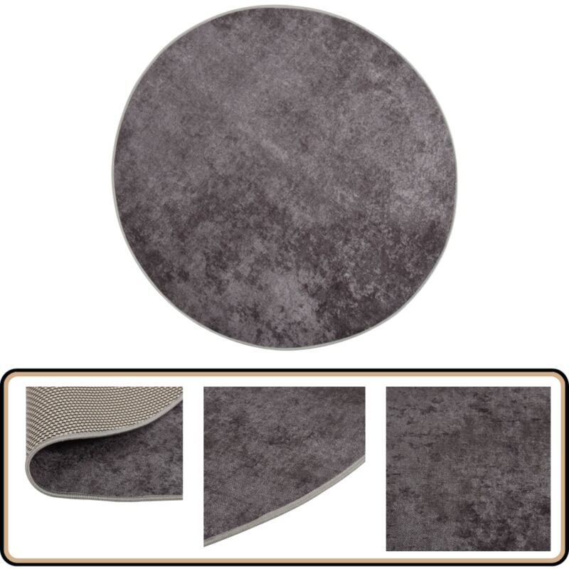 Teppich Waschbar Grau φ120 cm Rutschfest - Samt Teppich - Wohnzimmer Teppich - Grauer Teppich - Rund Teppich - Waschbarer Teppich