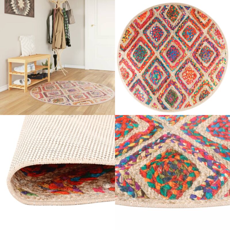 Teppich Waschbar Mehrfarbig Ø 120 cm Rutschfest - Samt Teppich - Wohnzimmerteppich - Multifarben Teppich - Rund Teppich - Fußbodenmatte - Home &