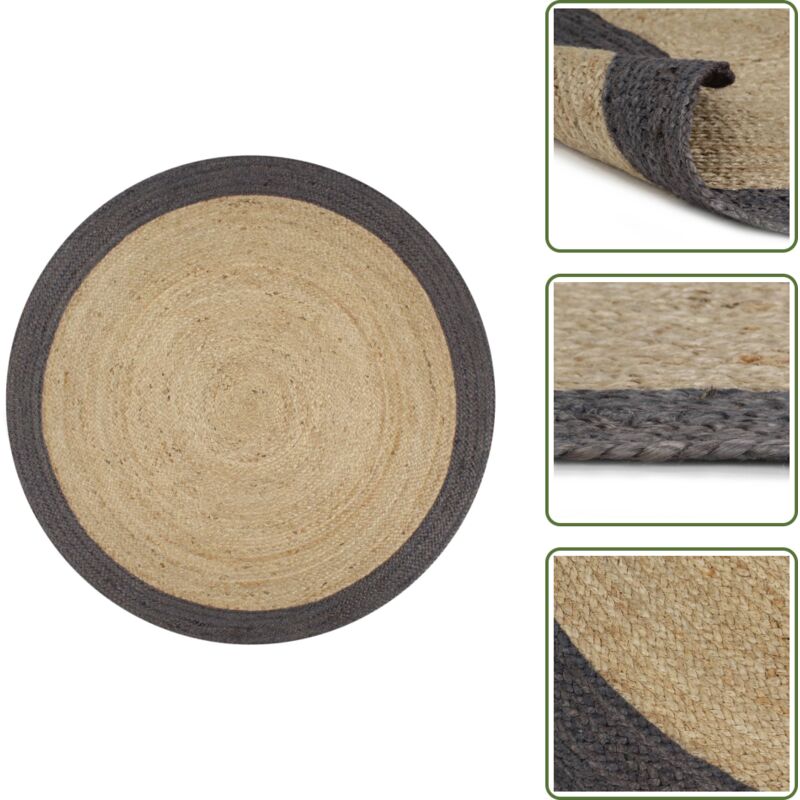Teppich Handgefertigt Jute mit Dunkelgrauem Rand 120 cm - Naturfaser Teppich - Jute Teppich - Gewebter Teppich - Wohnzimmer Teppich - Schlafzimmer