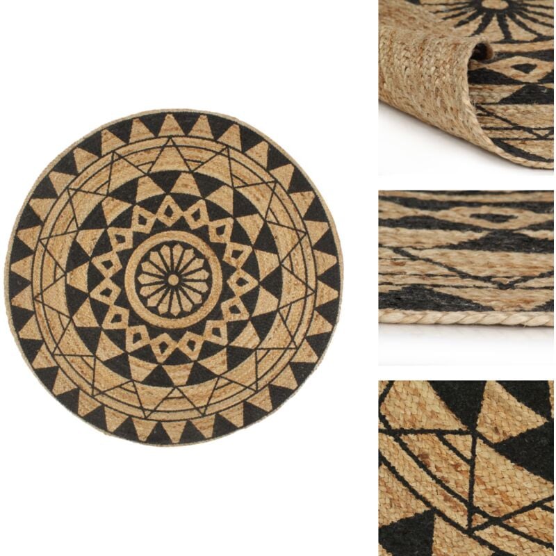 Teppich Handgefertigt Jute mit Schwarzem Aufdruck 150 cm - Naturfaser Teppich - Jute Teppich - Gewebe Teppich - Wohnzimmer Teppich - Schlafzimmer