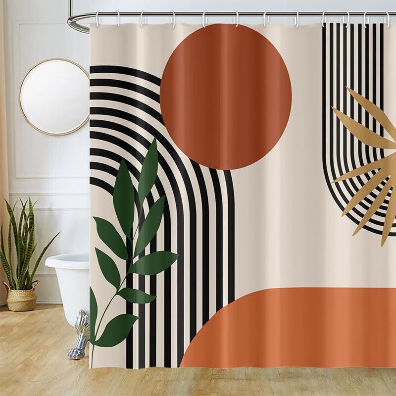 Terrakotta-Duschvorhang, Anti-Schimmel-Duschvorhang, 180 x 180 cm, orange, abstrakt, böhmische Badvorhänge, wasserdicht, waschbar, Stoff, Polyester,