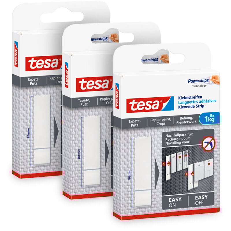 Powerstrips® Tapete&Putz - doppelseitige Klebestreifen für Tapete und Gips - Ersatz-Klebestreifen für den ® Klebenagel - Haltekraft 1,0 kg/Nagel - 3