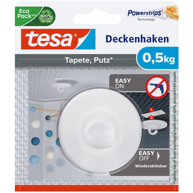 Tesa - Deckenhaken Tapeten & Putz - selbstklebender Haken - ideal zur Befestigung von Deko-Objekten - hält bis zu 0,5kg/Haken - spurlos ablösbar