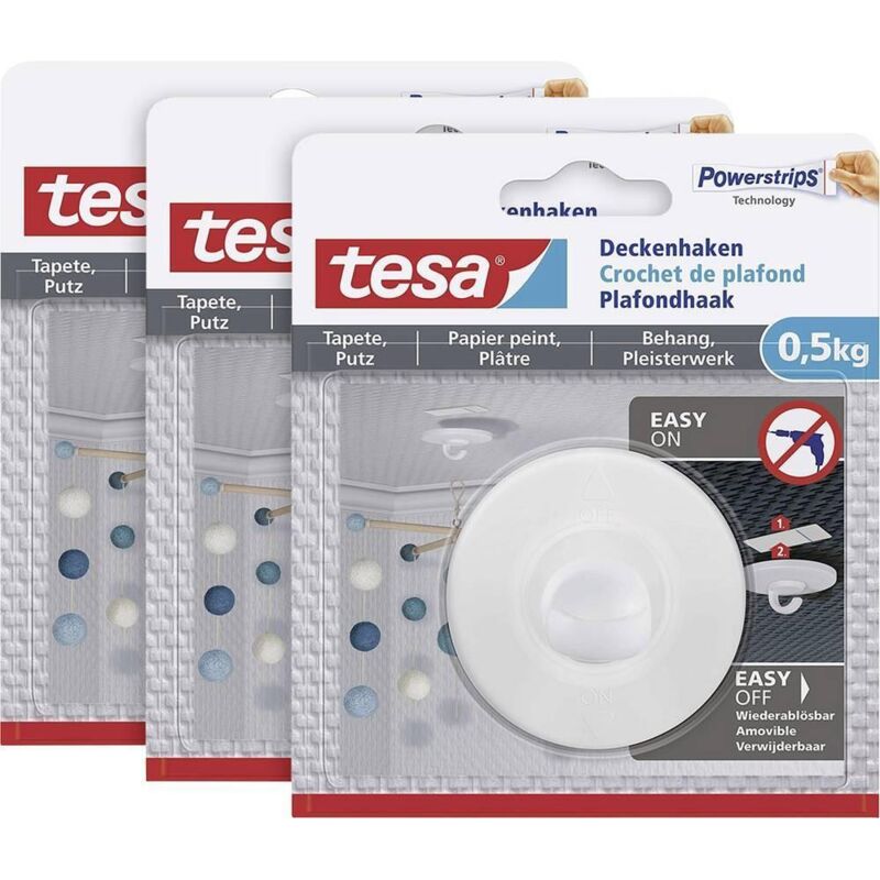 Selbstklebender Deckenhaken Tapeten & Putz im 3er Pack - ideal zur Befestigung von Deko-Objekten - hält bis zu 0,5 kg/Haken - spurlos ablösbar, Weiß