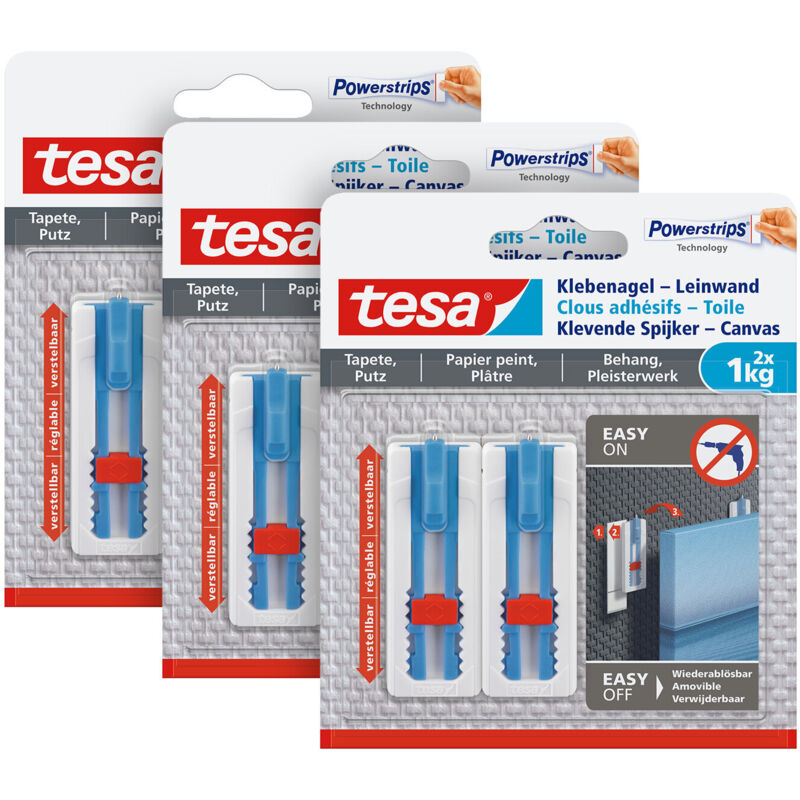 tesa® 3x Klebenagel Tapeten & Putz - höhenverstellbar - selbstklebender Nagel - ideal für Leinwand & Keilrahmen - hält bis 1kg/Nagel - spurlos