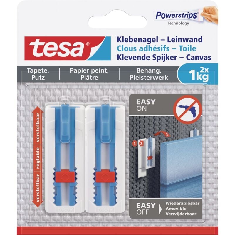 Tesa - Klebenagel Tapeten & Putz - höhenverstellbar - selbstklebender Nagel - ideal für Leinwand & Keilrahmen - hält bis 1kg/Nagel - spurlos ablösbar