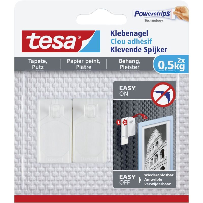 Tesa - Klebenagel für Tapeten und Putz 0,5kg - Selbstklebende Nägel für empfindliche Oberflächen - rückstandslos - Bis zu 0,5 kg Halteleistung pro