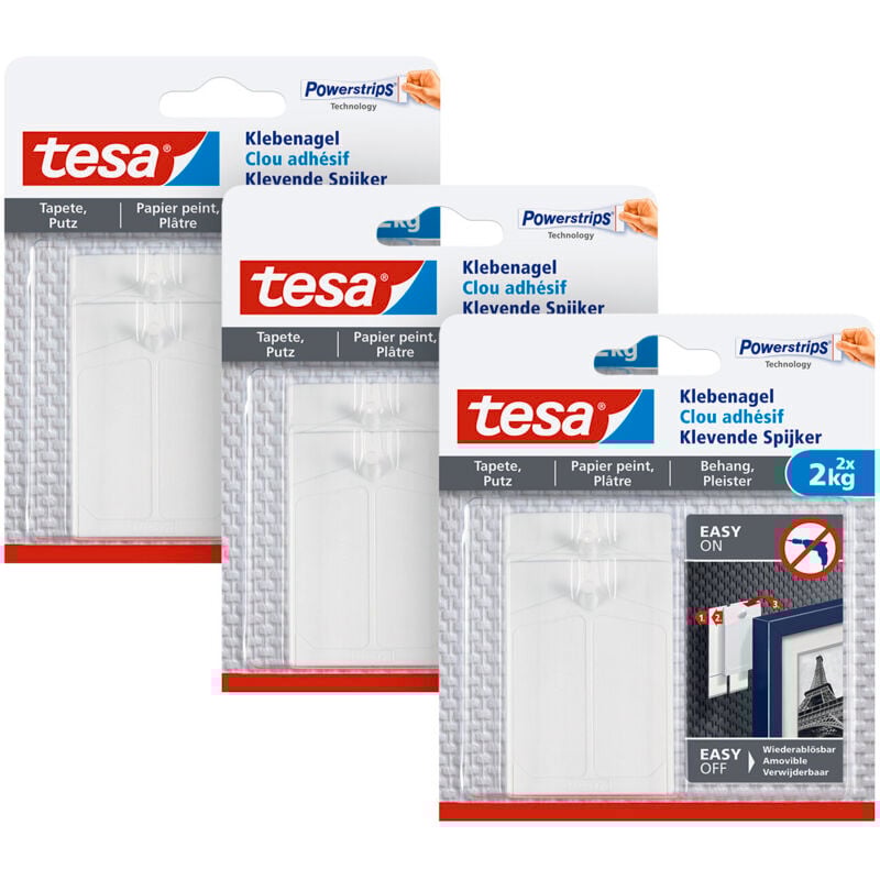 3x Klebenagel für Tapeten und Putz 2kg im 3er Pack - Selbstklebende Nägel für empfindliche Oberflächen - rückstandslos - bis zu 2kg Halteleistung pro