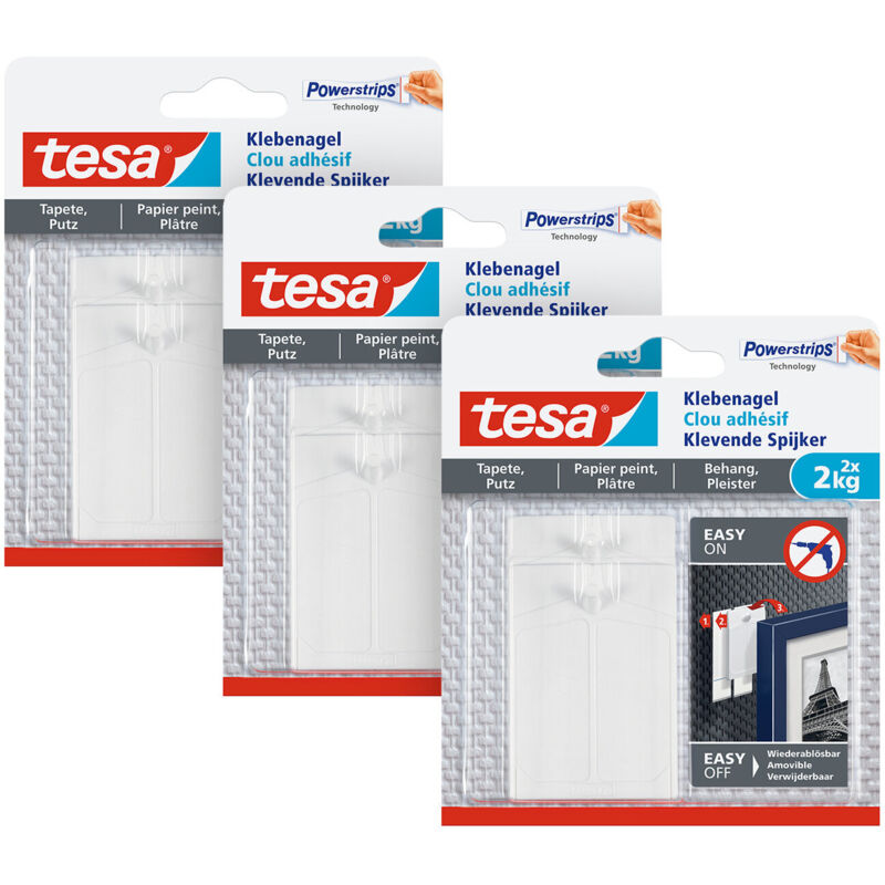 3x Klebenagel für Tapeten und Putz 2kg im 3er Pack - Selbstklebende Nägel für empfindliche Oberflächen - rückstandslos - bis zu 2kg Halteleistung pro