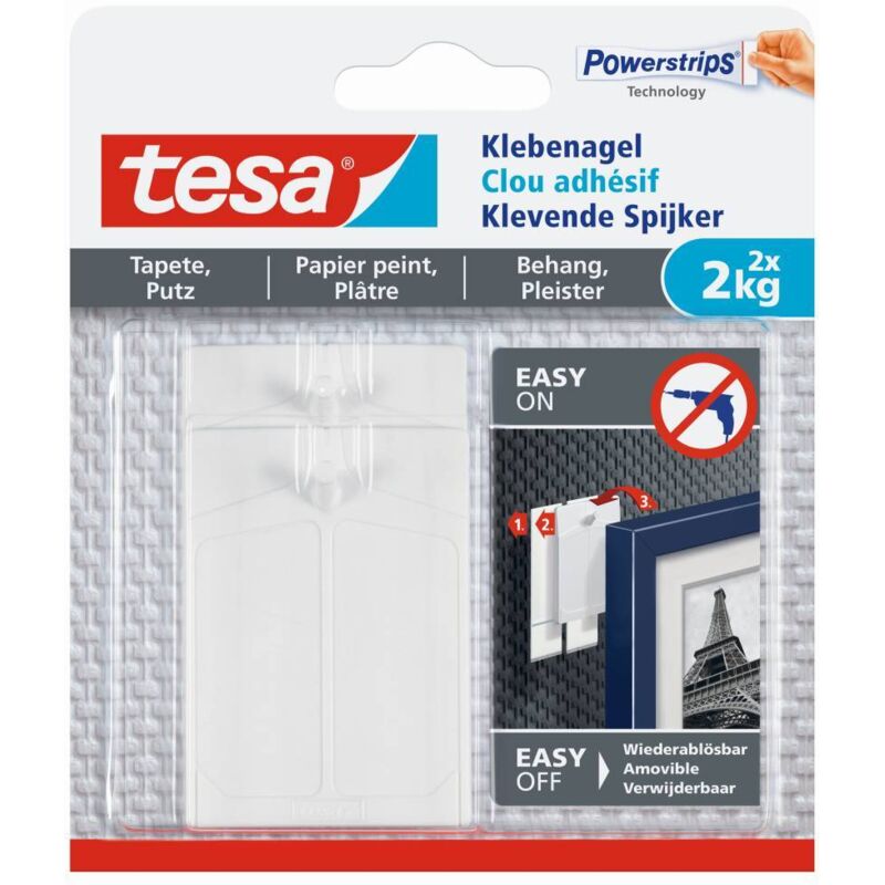 Tesa - Klebenagel für Tapeten und Putz / Selbstklebende Nägel für empfindliche Oberflächen / Leicht anzubringen und zu entfernen - rückstandslos / 2