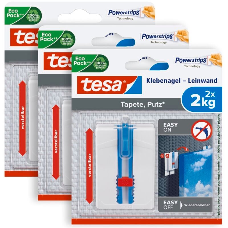 Tesa - Klebenagel Tapeten & Putz im 3er Pack - höhenverstellbar - selbstklebender Nagel - ideal für Leinwand & Keilrahmen - Halteleistung 2kg/Nagel