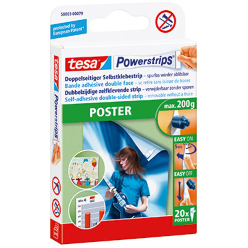 Tesa - Powerstrips poster - Doppelseitige Klebestreifen für Poster und Plakate - Selbstklebend und spurlos wieder ablösbar - Bis zu 200 g