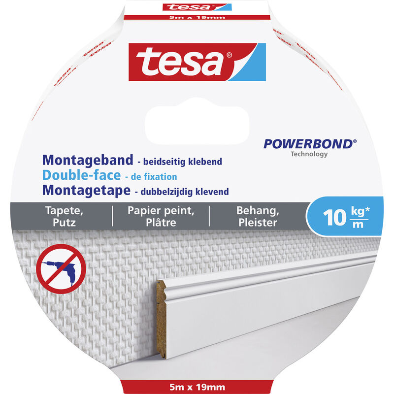 Tesa - Montageband Tapete&Putz, 10 kg Haltekraft pro Meter - starkes, doppelseitiges Montageklebeband zur Befestigung auf Gips und Tapeten - 5 m x 19