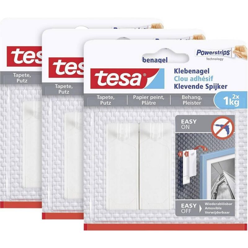 Tesa - Klebenagel für Tapeten und Putz 1kg im 3er Pack - Selbstklebende Nägel für empfindliche Oberflächen - rückstandslos - Bis zu 1 kg