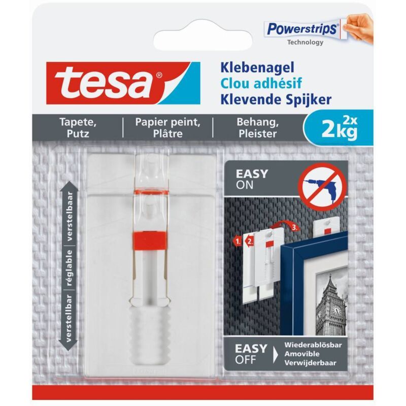 Tesa - Verstellbarer Klebenagel für Tapeten und Putz 2 kg - Höhenverstellbarer, selbstklebender Wandnagel - Bis zu 2 kg Halteleistung pro Nagel