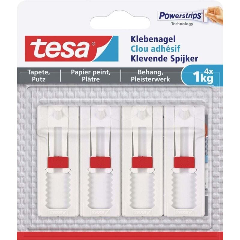 Tesa - 4 x Verstellbarer Klebenagel (für Tapeten und Putz 1 kg, Höhenverstellbarer, selbstklebender Wandnagel, bis zu 1 kg Halteleistung pro Nagel)